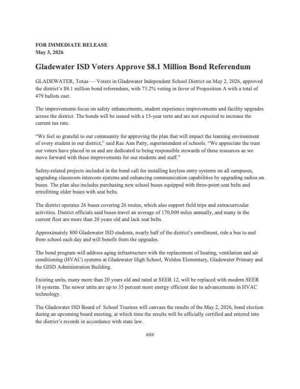 Gladewater ISD voters approve $8.1 million bond referendum